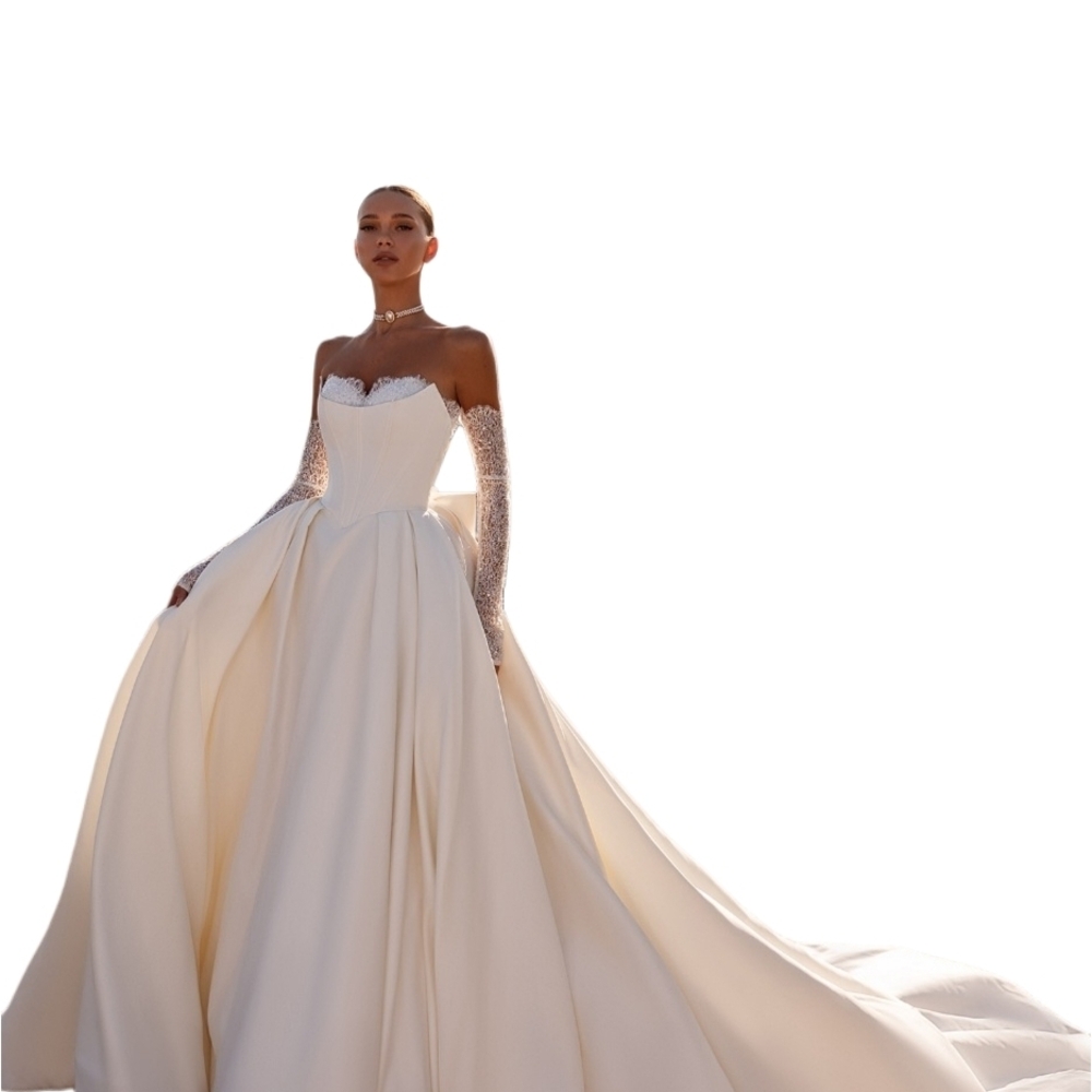 Strapless White Lace-Trim Corset Wedding Dress 5722 - Picture 2 of 5